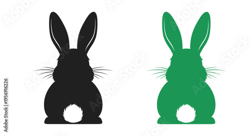 Two rabbits facing away one black and one green silhouette