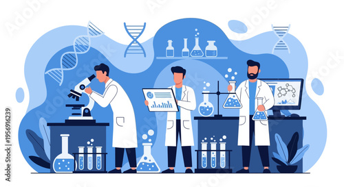 Scientists in Lab Coats Conducting Research with Microscopes and Test Tubes