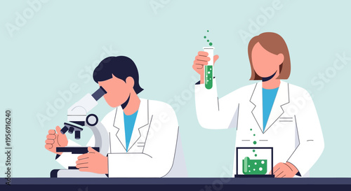 Scientists in lab coats conducting research with microscope and test tube, science experiment