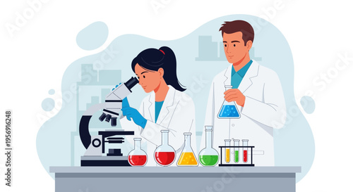 Scientists in lab coats working with microscope and chemicals, research and development concept