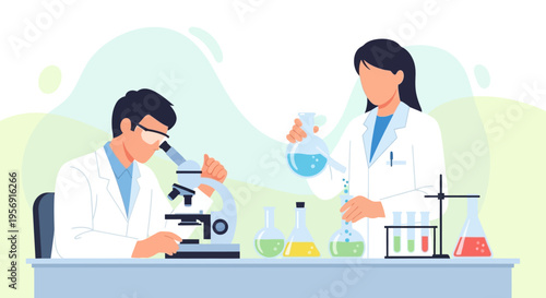 Scientists in Lab Coats Working with Microscope and Flasks in Modern Laboratory
