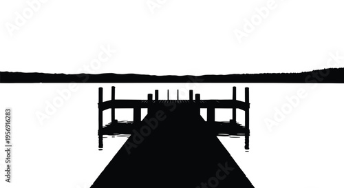 Minimalist dock extends into calm water a striking black silhouette