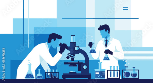 Scientists in Lab Coats Working with Microscope and Flasks, Blue Tones