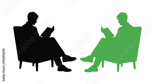 Two men reading in armchairs one colored and one dark silhouette