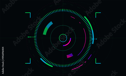 Futuristic circular head up display interface with neon green and purple glowing elements on a dark black background.