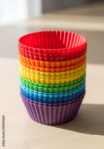 Colorful stack of silicone baking cups on a wooden surface  