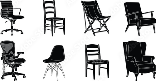 Chair silhouettes collection, modern and classic seating furniture set, office and home chairs, black and white vector illustration design
