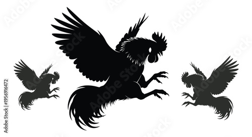 Three black rooster figures in dynamic poses a striking silhouette