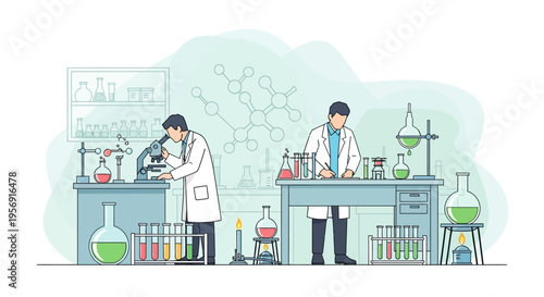 Scientists in laboratory conducting experiment with microscope and beakers, chemistry research