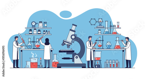 Scientists in laboratory conducting experiments with microscope and beakers