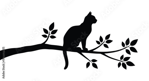 A black cat sits on a branch captured in a striking silhouette