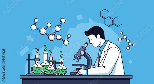Scientist looking through microscope, chemistry lab with flasks and molecules