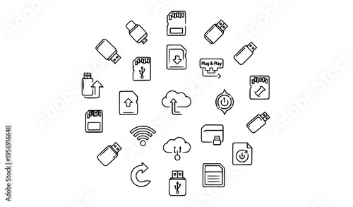  collection of various data storage and transfer icons in a circular pattern