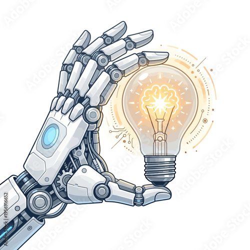 Robot hand holding glowing light bulb with innovative technology.