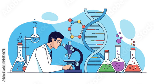 Scientist researching DNA and molecules with microscope and lab equipment