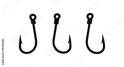 Three black fishing hooks displayed against a white background silhouette