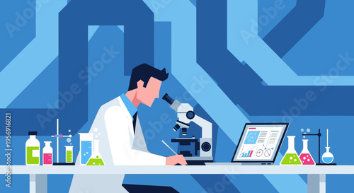 Scientist working in laboratory with microscope and laptop, science research concept