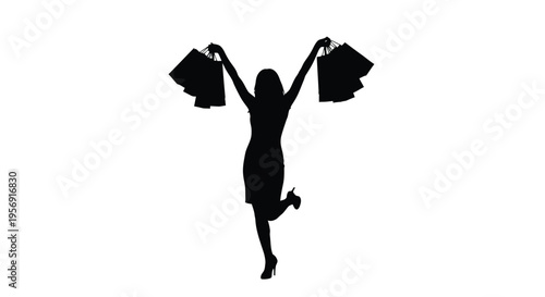 Woman joyfully celebrates shopping with bags raised in the air silhouette