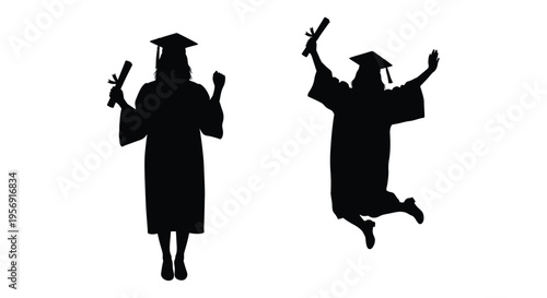 Two graduates celebrate with diplomas in a striking black silhouette
