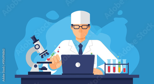 Scientist working in laboratory with microscope, laptop, and test tubes