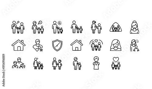  set of black and white line art icons depicting family and protection