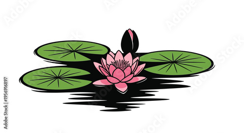 Pink lotus flower with green lily pads a striking silhouette