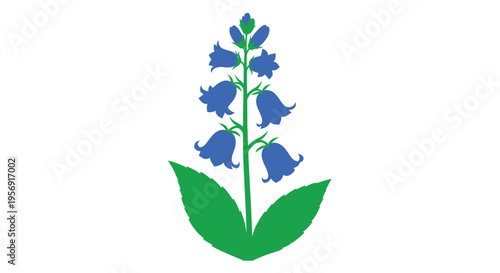 Bright bluebell flowers and green leaves depicted in a flat silhouette