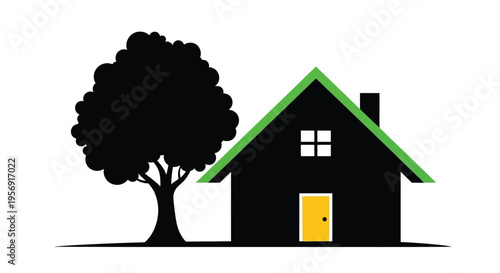 Simple house and tree design with a dark bold silhouette