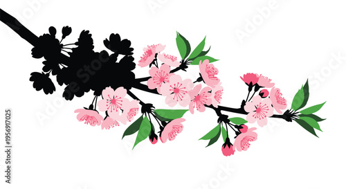 Cherry blossom branch with a dark bird striking silhouette