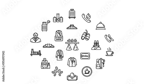 minimalist vector graphic illustration of various hotel and hospitality icons