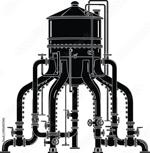Industrial piping system illustration with valves and tank, mechanical engineering schematic, factory equipment design, pipeline network, black and white technical drawing