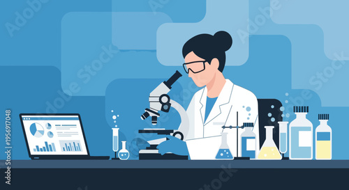 Scientist working with microscope and laptop in modern laboratory, scientific research concept