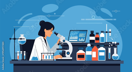 Scientist working with microscope in laboratory, research and development concept