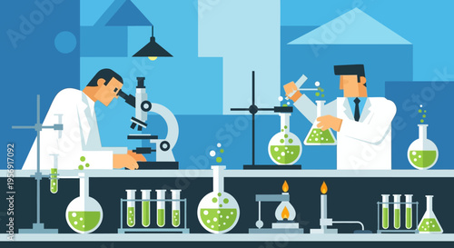 Scientists conducting experiment in laboratory with microscope and flasks