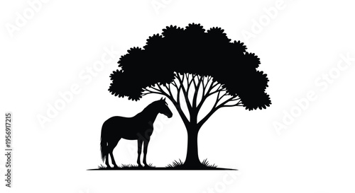 A horse stands beneath a large tree depicted in black silhouette