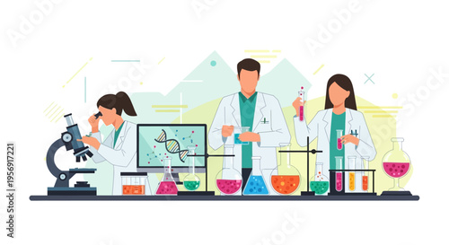 Scientists in Lab Coat Working with DNA, Microscope and Test Tubes