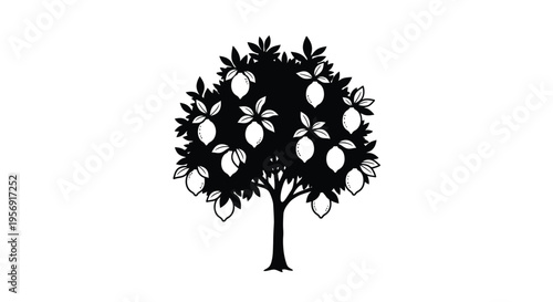 A black silhouette of a lemon tree with ripe fruit detailed silhouette