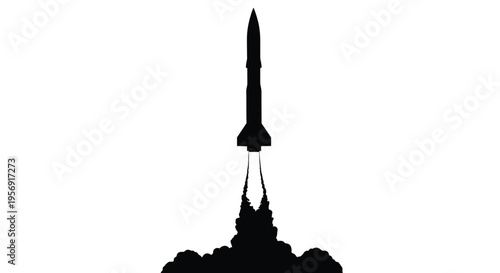 Rocket launching with fiery exhaust trail against a stark white background silhouette