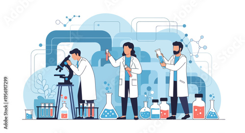 Scientists in lab coats conducting experiments with microscopes and test tubes, modern science research