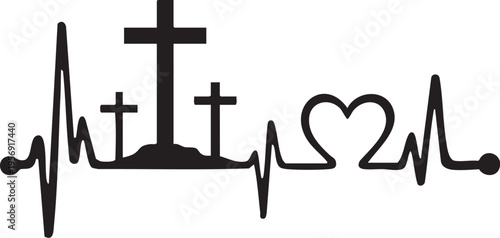 Heartbeat Cross and Heart Vector – Black and White Christian Faith Symbol with Three Crosses