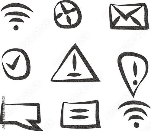 Collection of hand-drawn icons representing communication, notifications, and alerts for digital interfaces and user experience design