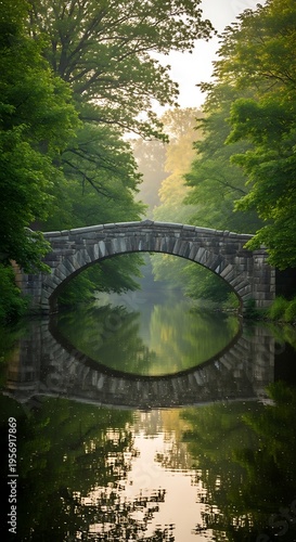 Serene stone arch bridge over calm water reflecting lush green trees and soft morning light creating a peaceful natural landscape.