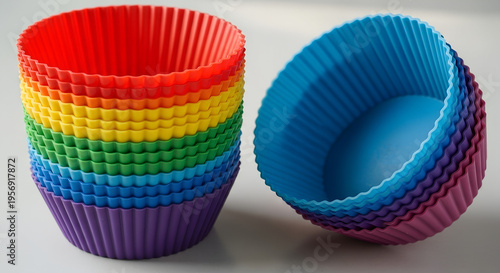 Colorful silicone cupcake liners stacked in rainbow pattern  