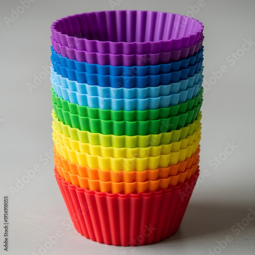 Colorful stacked silicone cupcake liners in rainbow arrangement  