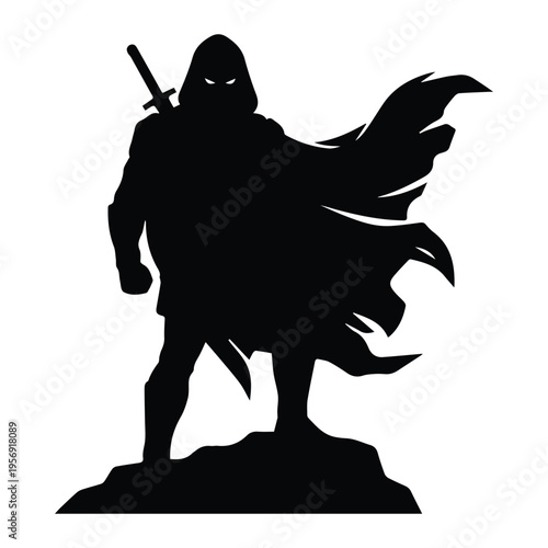 Mysterious Heroic masked figure Icon Silhouette vector black design on a white background
