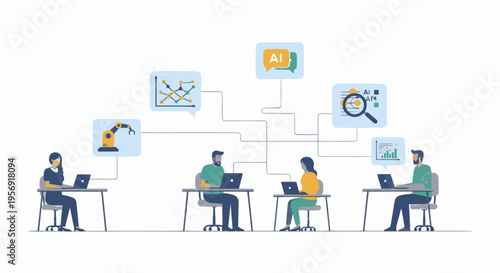 A cartoon illustration of a business team using a laptop and social media icons to demonstrate a teamwork concept through digital communication and internet technology in the office