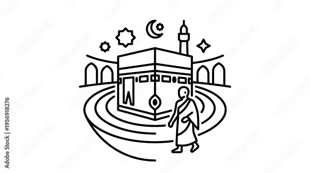 Fototapeta premium Minimalistic Line Art of Kaaba and Pilgrim