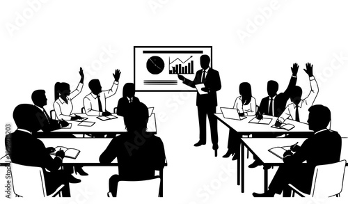 Business education and corporate training silhouette vector with office seminar and data presentation