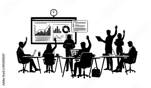 Remote business education and corporate training silhouette vector with data presentation and teamwork
