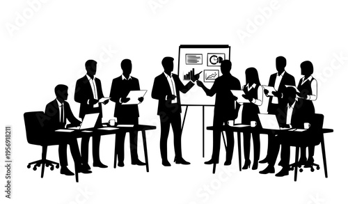 Corporate workshop silhouette vector with teamwork, strategy, and professional learning for office training